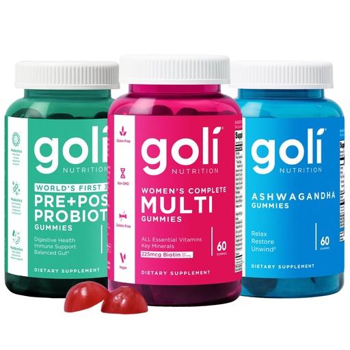 [BRSRGZAOO57RUC3J] Goli Stress Less, Glow More, Digest Better Bundle - World's First 3-in-1 Pre, Post, Probiotic, Women's Complete Multi All 13 Essential Vitamins, Ashwagandha & Vitamin D Gummies, Vegan