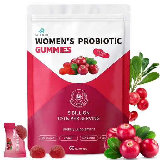 [BRSRGCQ5CMNAKCYV] REDOO Women Probiotic Gummies for Vaginal, Urinary & Digestive Health – 5 Billion CFUs 6 Strains + Cranberry Extract & Prebiotic Fiber – Sugar Free, Vegan, Non-GMO – 60 Gummies