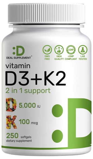 [BRSWYHQEC4HGC3LV] DEAL SUPPLEMENT 2 Pack Vitamin D3 5,000 IU + K2 MK7 Softgels, 500 Count | 2-in-1 Complex | Supports Heart, Bone, Teeth & Immune Health | Easy to Swallow