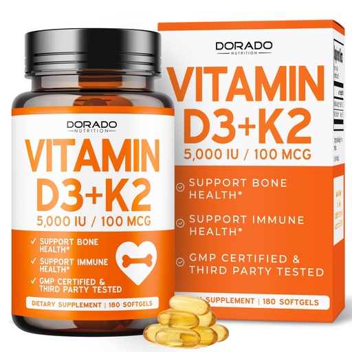 [BRSREBIOAF5QMCDV] Vitamin D3 K2 Supplement (180 Softgels) Vitamin D3 K2 5000iu/100mcg - Supplement with D & K - Support Bone and Immune Health for Adult - Vegan, NON GMO, Third Party Tested - Made in USA -180 Count