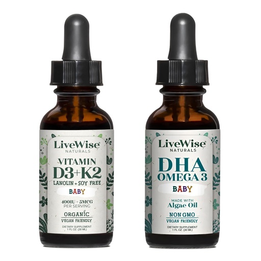 [BRSREEA2PINBEDLD] LiveWise Naturals Baby Duo–Vitamin D3+K2 & DHA Omega-3 Liquid Drops, Promotes Brain, Bone, Vision & Body Defense for Infants and Toddlers, Vegan-Friendly with Pure Orange Oil, Derived from Pine Trees