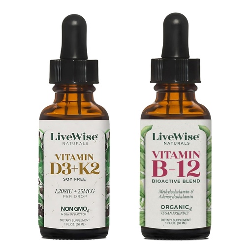 [BRSREEA2AEHWCF3K] LiveWise Naturals Premium Wellness Duo – Vitamin D3+K2 & B12 Liquid Drops, All Natural, Non-GMO, Vegan, Supports Bone Health, Energy, Clarity & Heart Health, Infused with Olive and MCT Oil