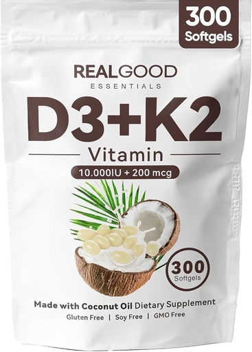 [BRSRECQOCVYAECT4] Real Good Essentials Vitamin D3 K2, Essentials D3+K2 (MK7) Coconut Oil 300 Softgels, with Vitamins D & K (1)