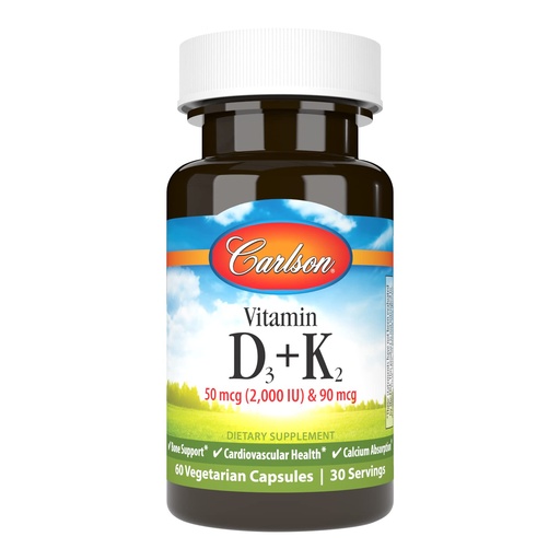 [BRSWGYACOIHQM3L5] Carlson - Vitamin D3 + K2, 50 mcg (2000 IU) Vitamin D3 & 90 mcg Vitamin K2 as MK7, Bone Support, Calcium Absorption, 60 Capsules