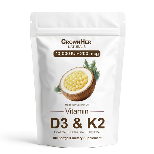 [BRSRGYYEAB4A43YU] Naturals D3 K2, Essentials Vitamin D3 K2, Vitamin D3 K2 10000 IU+ K2 200 mcg MK-7, Coconut Oil, Extra Strength, Bone & Immune Support, 180 Softgels