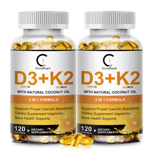 [BRSRABT4BAHWAEYV] Vitamin D3 K2 Supplement with Vitamin D3 5000 IU, 200 mcg Vitamin K2 MK-7 & Natural Coconut Oil, Plant Based 2-1 Formula for Bone, Teeth, Muscle and Immune Health Support (120 Count (Pack of 2))