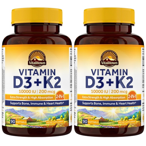 [BRSRAAIFAQAR6G3O] Vitalitown Vitamin D3 K2 Supplement, Vitamin D3 10000 IU Vitamin K2 (MK7) 200 mcg, 90 Softgels (Pack of 2), Non-GMO, No Gluten & Soy, for Bone, Teeth, Immune & Heart Health