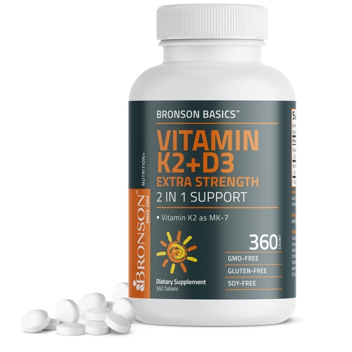 [BRSREGT4CMMGCCT5] Bronson Vitamin K2 (MK7) with D3 Supplement Extra Strength 2 in 1 Support, 10,000 IU Vitamin D3 & 120 mcg K2 MK-7, 360 Tablets