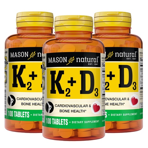 [BRSW2HAECUMAMGYY] MASON NATURAL Vitamin K2 + D3, 300,Day Supply, with Calcium for Normal Bone and Muscle Support, 100 Tablets (Pack of 3)