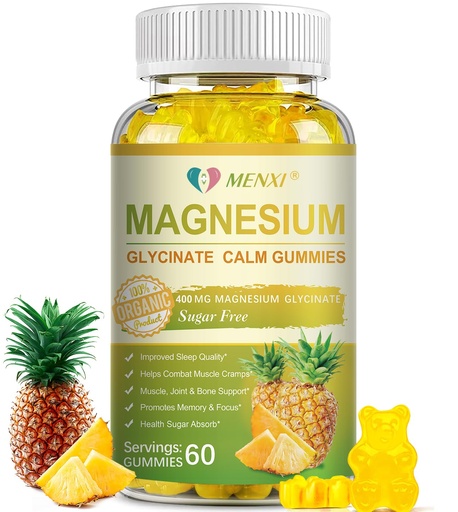 [BRSROHQFBUHWADIU] Magnesium Glycinate Gummies 400mg, Sugar Free Magnesium Taurate, Malate Supplement with Vitamin D, B6, CoQ10 for Relaxation, Stress Relief, Muscle, Bone & Sleep Support- 60 Pineapple Gummies