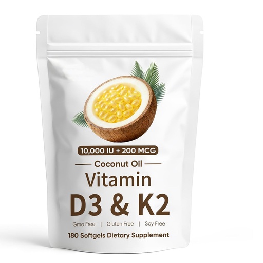 [BRSRECYBDF7BSDTP] Naturals D3 K2, Vitamin D3 10000 IU + K2 200 MCG, Vitamin D3 & K2 Coconut Oil Softgels Capsules for Bone, Immune Health, Boosts Energy & Calcium Absorption, 180 Gels (1)