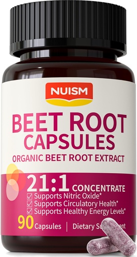[BRSWKGQMCUBQOFIZ] Organic Beet Root Capsules - Beetroot Extract 17850mg 21:1 Concentrate Beets Supplements for Nitric Oxide, Healthy Blood Pressure, Blood Flow Circulation, Energy Gluten-Free 90 Powder Caps