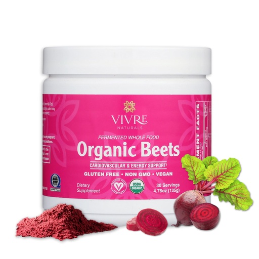 [BRSRAAI3BUMGAFA6] Vivre Naturals Fermented Whole Food Organic Beet Powder, USDA Organic, Probiotic-Enhanced Beetroot Superfood - Nitric Oxide Supplement for Blood Pressure Support, Heart Health Circulation, 30 Servings