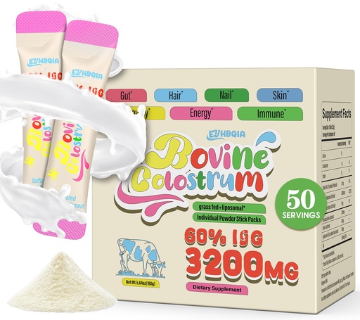 [BRSRABT2BUCW2CDA] Colostrum Supplement Powder - Grass Fed Bovine Colostrum with 60% IgG, Hyaluronic Acid, Zinc & Biotin | Supports Gut Health, Immune System, Beauty & Hair Growth | Unflavored, 50 Servings Packets