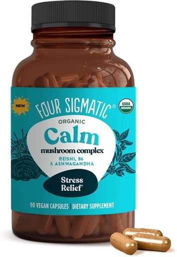[BRSROFA2CJYAI232] Four Sigmatic Calm Capsules | Vegan Stress Relief Supplemento per promuovere Mood Positivo con Polvere di Ashwagandha Organica, Organic Reishi Mushroom, Tulsi (Holy Basil Extract), Vitamina B6 | 30 Servings