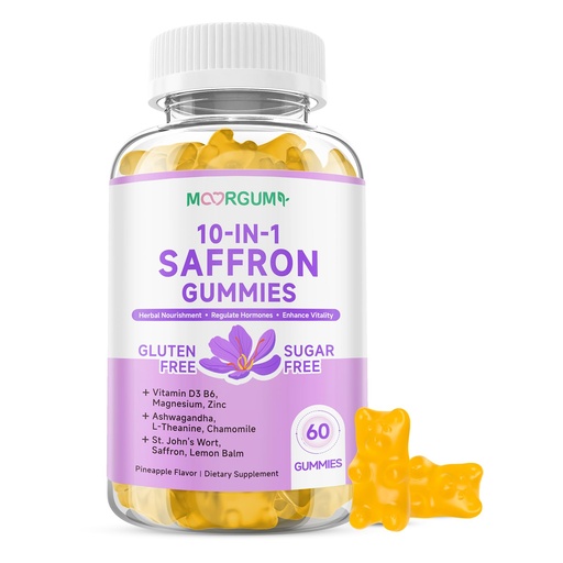 [BRSREEAPC4HQ2DTX] Saffron Gummies for Adult Kids, 10-IN-1 Cortisol Support Supplement with Saffron 88.5mg, Vitamin D3, B6, Magnesium, Zinc, Ashwagandha, L-Theanine, St. John's Wort, For Emotions, Slumber, 60 Count