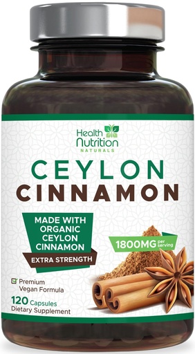 [BRSW2HAECV7WYGQY] Ceylon Cinnamon Capsules - 100% Extra Strength Cinnamon Pills - Certified Organic Ceylon Cinnamon Powder - Energy & Heart Support - Gluten Free & Sugar Free Supplement - Bottled in USA - 120 Capsules