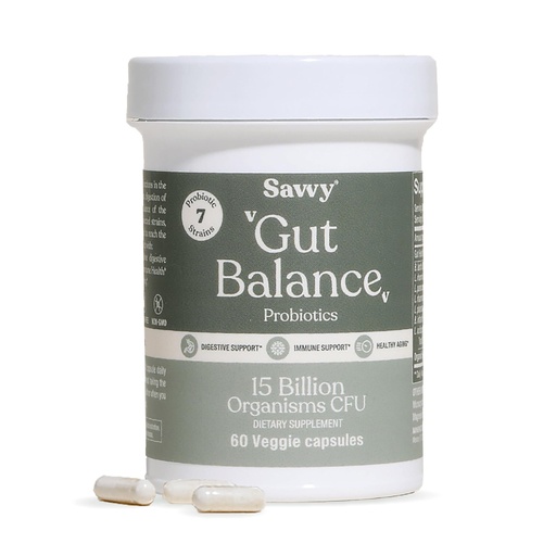 [BRSREGICCACGKAIU] SAVVY Gut Balance Probiotics for Women & Men, 15 Billion CFU, 7 Clinically Studied Strains, Digestive Health, Immune Support, Bloating Relief, 60 Vegan Capsules, Non GMO, Sugar-Free