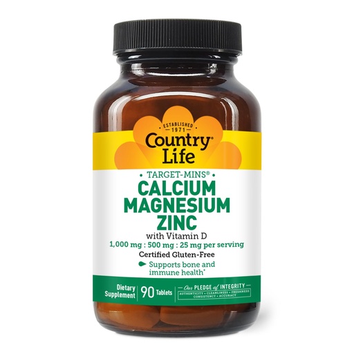 [BRSWIY3YOQIBQCDG] Country Life Calcium Magnesium Zinc with Vitamin D3 and L-Glutamic Acid, Dietary Supplement for Bone Support, Certified Gluten Free, 1000mg/500mg/25mg, 90 Tablets