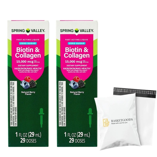 [BRSREEITOQNBUEY4] Liquid Biotin and Collagen 15000Mcg, Natural Berry Flavor, Drops for Hair, Skin, Nails - Spring Valley 1 fl oz (Pack of 2) - Set by Basket Goods