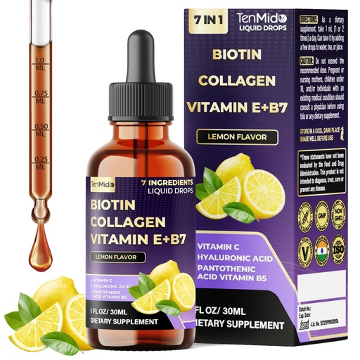 [BRSREGAEPINRYYD5] 7in1 Biotin and Collagen Supplements - Biotin Liquid Drops with B5 Pantothenic Acid, Vitamin C, Vitamin E, Zinc, Hyaluronic Acid - 30ml 1 Fl Oz