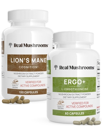 [BRSWYCT4OIGRAFDX] Real Mushrooms Ergothioneine (60ct) and Lions Mane (120ct) Bundle with Shiitake and Oyster Mushroom Extracts - Longevity and Cognition - Vegan, Gluten Free, Non-GMO
