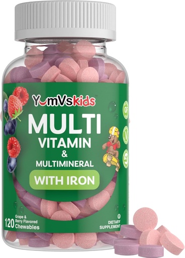 [BRSWYBADOR6GMHTA] YumVs Kids Multivitamin with Iron & Minerals Chewable Tablets – Grape & Berry Flavor Vitamins for Toddlers & Children Age 2+ – Daily Multivitamin for Immune Support – Kosher, Non-GMO – 120 Chewables