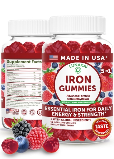 [BRSREYITOQIRUEQ6] Lunakai USA Made Vegan Iron Gummies 5-in-1 with Methylfolate, Vitamin C, E & B12 - Daily Chewable Iron Supplement for Women, Men & Kids - Energy & Blood Health Support, Non-GMO, 60ct