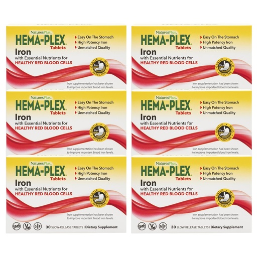 [BRSWIZIDDENBQA3M] NaturesPlus Hema-Plex Iron - 30 Slow-Release Tablets, Pack of 6 - Total Blood Health - 85 mg Chelated Iron - with Vitamin C & Bioflavonoids - Non GMO, Vegetarian & Gluten Free - 180 Total Servings