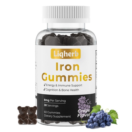 [BRSRGGTYOQPWKAA4] Iron Gummies for Women & Men, with VIT C & Boron, 8mg Advanced Absorption Iron Glycinate, Gentle on Stomach, Supports Energy, Immunity, Cognition & Bone Health, Grape Flavor, 60