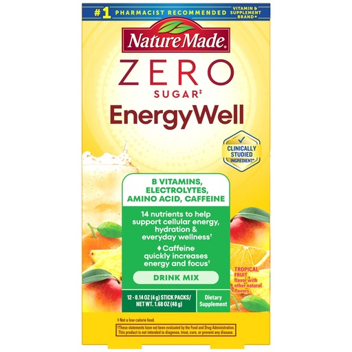 [BRSRGHAPOR5BUDYZ] Nature Made Zero Sugar EnergyWell Drink Mix, Caffeine, B Vitamins and Electrolytes Powder, Energy & Hydration Support, 12 Sugar Free Drink Mix Packets, 12 Day Supply