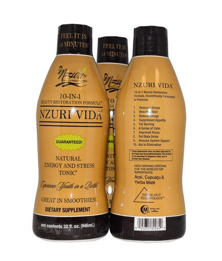[BRSROAI5AQJQIA3D] Nzuri Vida All-Natural Energy & Stress Support Tonic 10-in-1 Total Body Restoration Drink with Acai Berry, Cupuacu & Yerba Mate. Smooth Energy, Calm Focus, Detox & Immune Support - 3 Bottles 32 OZ
