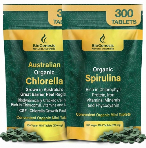 [BRSRGGILCF5RMHQ4] Biogenesis Organic Spirulina & Chlorella Minis Bundle – Easy-to-Swallow Mini Tablets (200mg) – Australian Grown Supergreens – Rich in Phycocyanin & Chlorophyll – 600 Count Supply