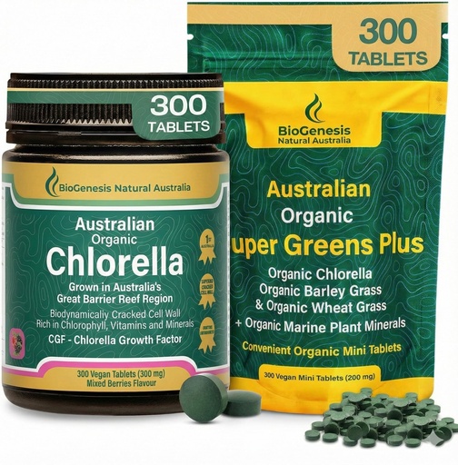 [BRSRGGL2O4NR6CAZ] Biogenesis Organic Chlorella & SuperGreens Plus Kit – Chlorella Tablets (500mg) Mixed Berry & SuperGreens Plus (200mg) – Australian Grown, Rich in Chlorophyll & Vitamins for Immunity & Energy – 600 To
