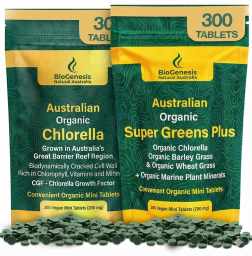 [BRSRGGL3DIMA4CQ4] Biogenesis Ultimate Green Energy Duo – Chlorella & SuperGreens Plus (Wheatgrass & Barley Grass) | 600 Count Value Pack | Australian Grown Vegan Superfoods for Immunity & Vitality