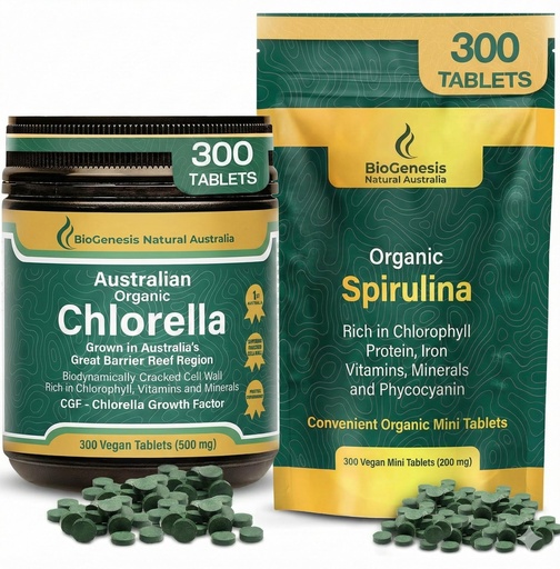 [BRSRGGILBUMWE3L5] Biogenesis 100% Australian Organic Greens Kit– Spirulina Mini Tabs (200mg) & Chlorella Tablets (500mg) – BioDynamic Cracked Cell Wall Algae – Rich in Chlorophyll & Phycocyanin for Energy, Immunity & D