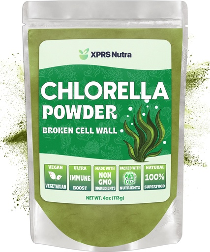 [BRSW2EDYOZ6RM33H] XPRS Nutra Chlorella Powder - Broken Cell Wall Chlorophyll Powder - Chlorella Powder for Immunity - Vegan Friendly Complete Protein (4 Ounce)
