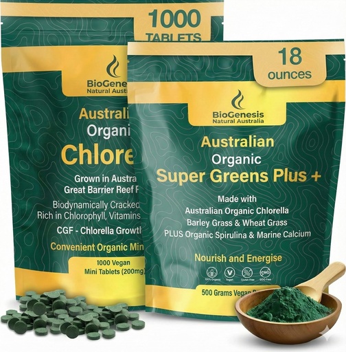 [BRSRGGAPBAJQADTX] Biogenesis Ultimate Greens Stack | Organic Chlorella Tablets (1000 Count) & SuperGreens Powder (500g) | High Chlorophyll Australian Superfoods | Supports Natural Energy, Immunity & Digestion | Vegan