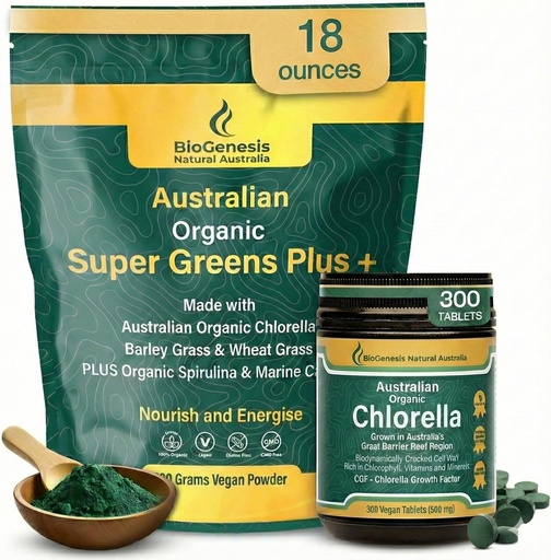[BRSRGGAPBUPWCFLK] Biogenesis Greens Bundle: Organic Chlorella Tablets (300 Count) & SuperGreens Plus Powder (500g) – Australian Grown, Vegan, Cracked Cell Wall – with Spirulina, Wheatgrass & Barley Grass