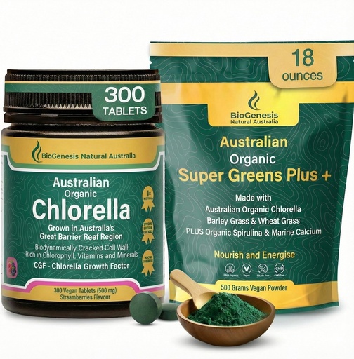 [BRSRGGAPBUGRG3D6] Biogenesis Organic Greens Duo: Chlorella Tablets (300ct, Mixed Berries) and SuperGreens Powder (500g, Unflavored). Contains Spirulina, Wheatgrass & Barley Grass. Australian Made, Vegan & Non-GMO