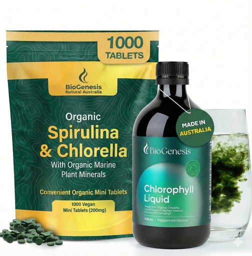 [BRSRGGAOOABGEYLG] Biogenesis Complete Cleanse & Revitalize Bundle: Organic Spirulina & Chlorella (1000 Count) + Liquid Chlorophyll Peppermint (17oz) – 100% Australian Grown Algae for Immunity, Digestion & Vitality
