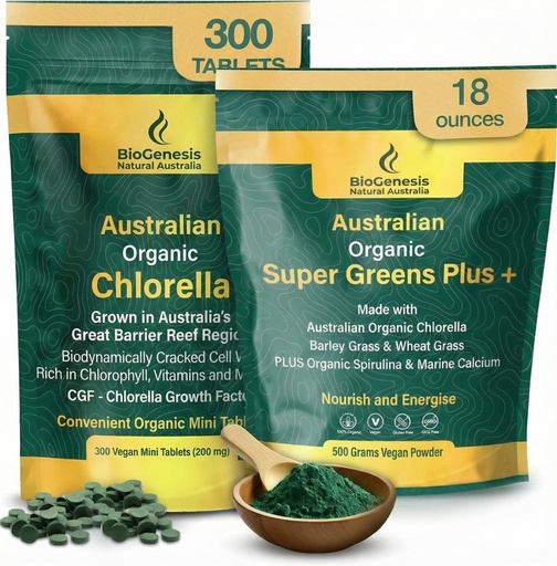 [BRSRGGAPC54AYHLX] Biogenesis Energy & Immunity Set – Includes Organic Chlorella Mini Tablets (300 Count) and SuperGreens Plus Powder (500g) – Nutrient-Dense Australian Greens for Daily Vitality