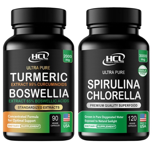 [BRSRGAT7BEAR6ETU] Turmeric Boswellia Extract Supplement 2000 mg + Spirulina Chlorella Powder Capsules 3000 mg of BMAA Free Purest Blue Green Algae
