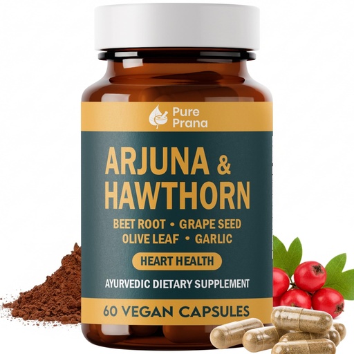 [BRSRGYICAUCAK3I7] Pure Prana Arjuna & Hawthorn Heart Health Supplement with CoQ10, Beet Root, Grape Seed & Olive Leaf for Cardiovascular Support & Blood Pressure Balance, Vegan Capsules - 60 Capsules