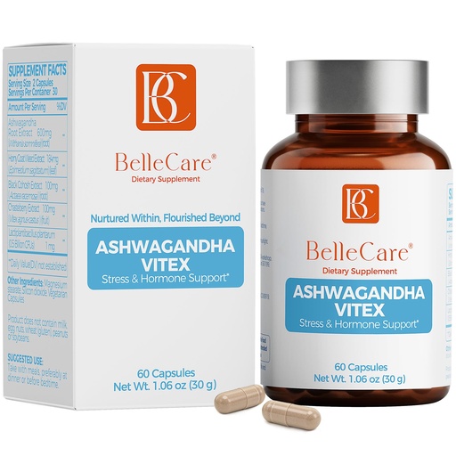 [BRSRGGL4A4FWEAA7] BELLECARE Ashwagandha 600mg with Probiotic & Vitex | Cortisol Reducer, Hormone Balance for Women, Menopause Supplement for Stress, Hot Flashes, Night Sweats, Mood & Sleep Support,60 Count