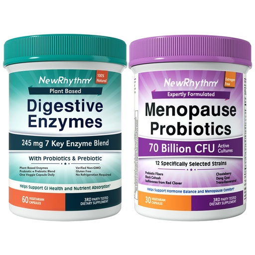 [BRSREFAECIFG2AYU] NewRhythm Digestion & Menopause Bundle: 7 Key Enzymes with Probiotics + Botanical Relief, Protease Amylase Lipase, Black Cohosh, 90 Vegan Caps