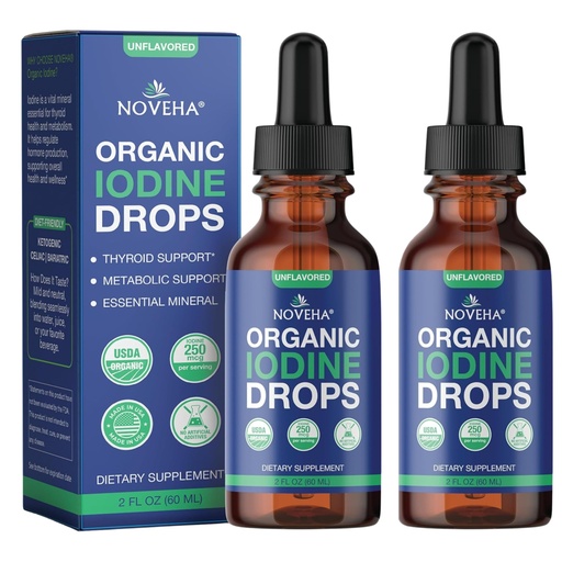 [BRSREZAQDECWA2DO] NOVEHA Organic Iodine Drops - Potassium Iodide Liquid - Iodine Supplements for Thyroid & Metabolism Support, 250 mcg per Serving, USDA Organic, Vegan, Non-GMO, Gluten-Free | 30-Month Supply - 2 Fl Oz