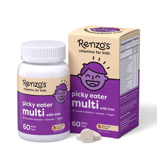 [BRSRAEA2BACBEE35] Renzo's Picky Eater Kids Multivitamin with Iron - Dissolvable Kids Vitamins with Iron, Zinc, Vitamin C, Vitamin D, E & K, Sugar-Free Melty Tabs, Orange Flavor, 60-Count (1-2 Month Supply)