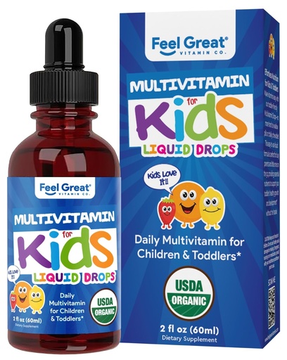 [BRSRABI5ABYAKET6] Feel Great Vitamins Organic Multivitamin Liquid Drops for Toddlers & Kids | Daily Essential Nutrients for Healthy Growth | No Iron, Sugar-Free | USDA Organic, Vegan, Non-GMO, Gluten-Free | 2 Fl Oz