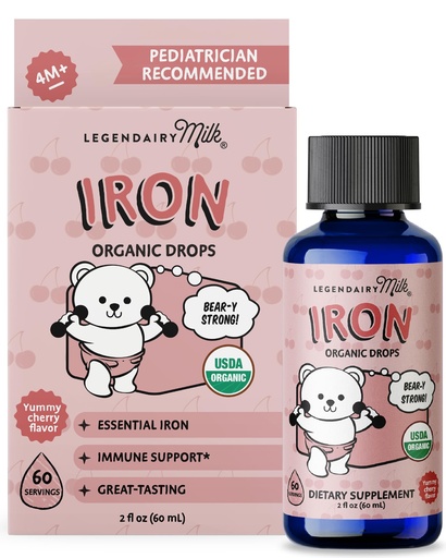 [BRSREEIZAVYAOFA2] Legendairy Milk Organic Liquid Iron Supplements for Kids, Baby Vitamins, Sugar Free Liquid Iron for Kids - for Ages 4 Months to 3 Years - Cherry Flavor, 60 Servings
